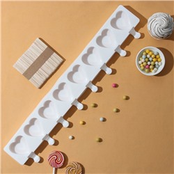 Форма для мороженого Доляна «Сердца. Макси», силикон, 49×6.5×2 см, 8 ячеек, палочки 50 шт., белая