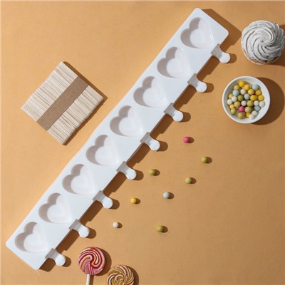 Форма для мороженого Доляна «Сердца. Макси», силикон, 49×6.5×2 см, 8 ячеек, палочки 50 шт., белая