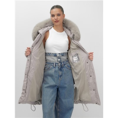 Пальто зимнее утепленное с мехом и капюшоном тренд светло-коричневого цвета 7745SK