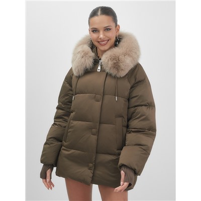 Куртка зимняя женская с мехом и капюшоном тренд горчичного цвета 7658G