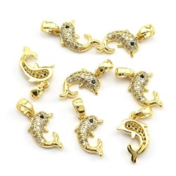 Подвеска Дельфин 10*16мм с фианитами, золотистая