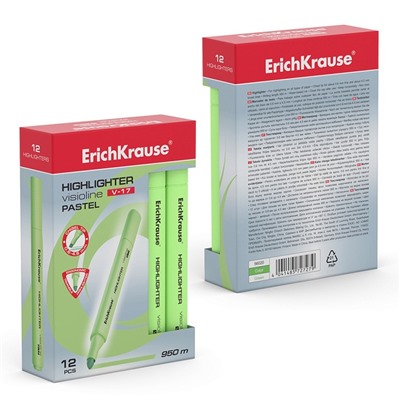 Маркер текстовыделитель ErichKrause Visioline V-17 Pastel, 0.6-4.5 мм, чернила на водной основе, зелёный