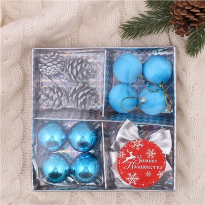 Ёлочные игрушки «Карнавал», набор 16 шт. (4 бантика, 4 шишки, 8 шаров) серебристый/голубой