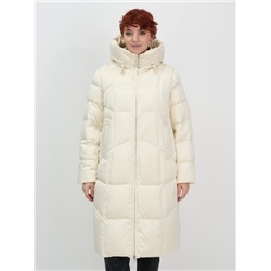 Пальто зимнее утепленное с капюшоном женское бежевого цвета 7702B