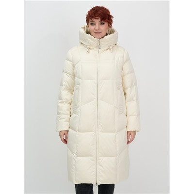 Пальто зимнее утепленное с капюшоном женское бежевого цвета 7702B