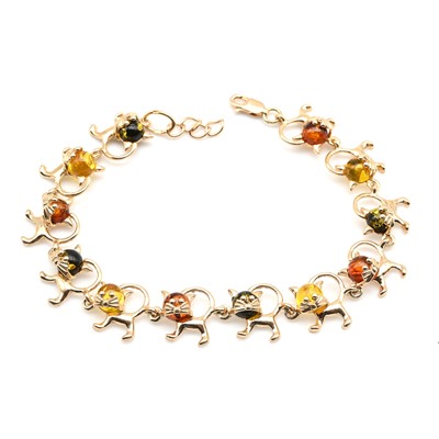 Браслет с янтарем С925 "кошечки" 12*14мм цв.ассорти, 20,5см, 13г