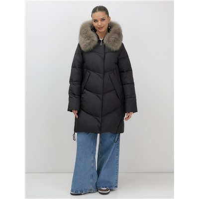 Пальто зимнее утепленное с мехом и капюшоном тренд черного цвета 7745Ch