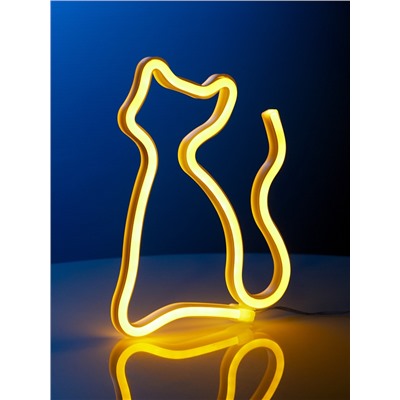 Неоновая вывеска «Кошка» 16 × 23 см, батарейки ААх3 (не в комплекте), USB, свечение тёплое белое