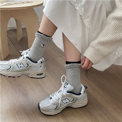 Cartoon cotton Japanese cute knee socks, mid-length, with embroidery