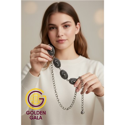 Пояс женский цепочка  с украшением цвет черненное серебро модель 12