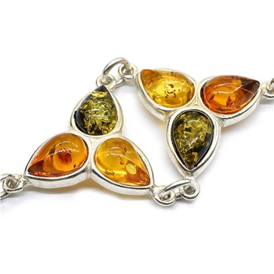 Браслет с янтарём в посеребрении "трилистник" ассорти, 20см