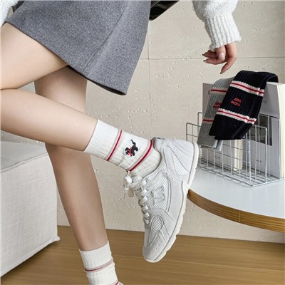 Cotton knee socks, Korean style, with embroidery, mid-length, western style