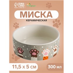 Миска керамическая "Лапы" 300мл, 11,5 х 5 см, бело-серая