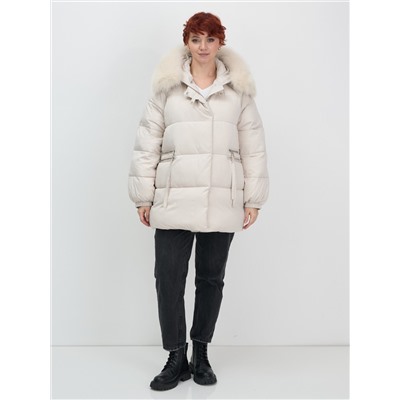 Куртка зимняя женская с мехом и капюшоном тренд бежевого цвета 7639B