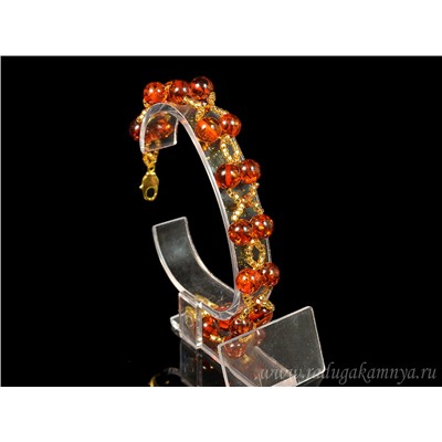 Браслет с янтарем, бисером и цирконом "шарики в 2 ряда" 8мм коньячный, 20см