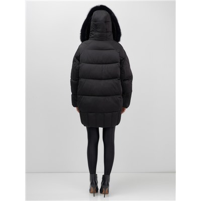 Куртка зимняя женская с мехом и капюшоном тренд черного цвета 7660Ch