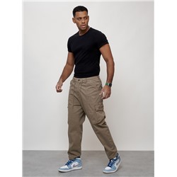 Джинсы карго мужские с накладными карманами бежевого цвета 2418B