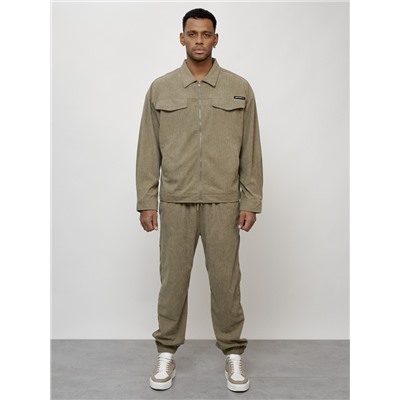 Спортивный костюм мужской модный из микровельвета цвета хаки 55002Kh