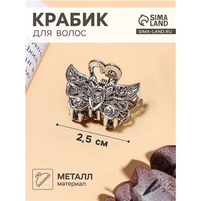 Крабик для волос «Бабочка», 2.5 см, серебро