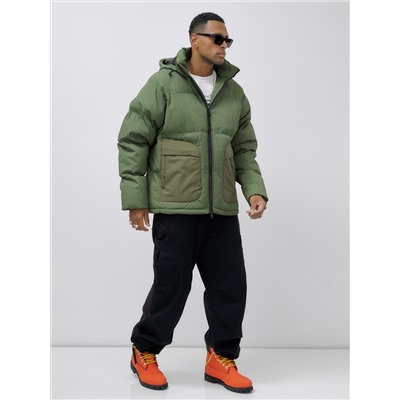 Куртка молодежная мужская зимняя с капюшоном цвета хаки 25307Kh