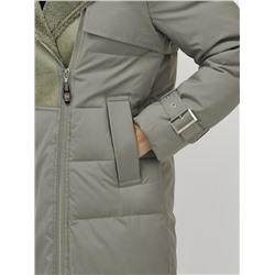 Пальто зимнее женское с мехом и овчиной премиум класса цвета хаки 3113Kh