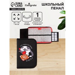 Пенал 1 секция 140 х 210 х 40 мм, откидной карман и косметичка, тканевый, Calligrata TOP Content "Кот суета"