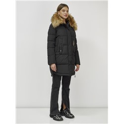 Куртка женская зимняя с мехом енот премиум класса черного цвета 386Ch