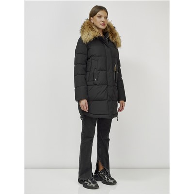 Куртка женская зимняя с мехом енот премиум класса черного цвета 386Ch