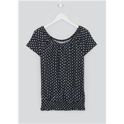 Shirred Tile Print Wide Neck T-Shirt