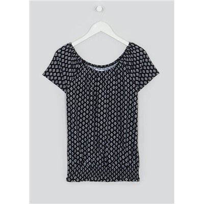 Shirred Tile Print Wide Neck T-Shirt