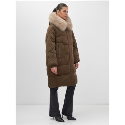 Пальто зимнее утепленное с мехом и капюшоном тренд горчичного цвета 7629G