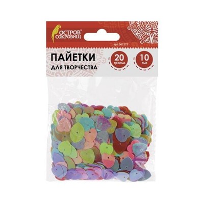 Пайетки для творчества СЕРДЦЕ, ЯРКИЕ, ЦВЕТ АССОРТИ, 5 цветов, 10мм, 20г., ОСТРОВ СОКРОВИЩ, 661275