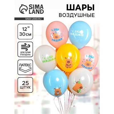 Воздушные шары латексные 12" «Капибары, С днем рождения!», 25 шт., 2-сторонние