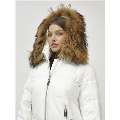 Куртка женская зимняя с мехом енот премиум класса белого цвета 381Bl