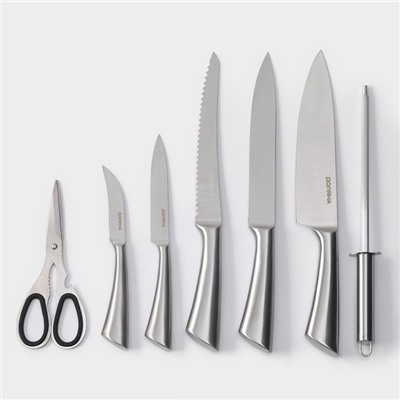 Набор ножей кухонных на подставке Доляна Ardone, 7 предметов: 5 ножей, мусат и ножницы, хромированный