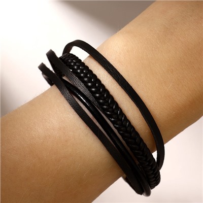 Браслет кожаный «Переплетение» классика, 5 нитей, чёрный с серебром, d=7 см