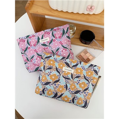 Retro fuchsia capacious cosmetic bag, handheld pencil case, organizer bag for traveling, french style, flowered