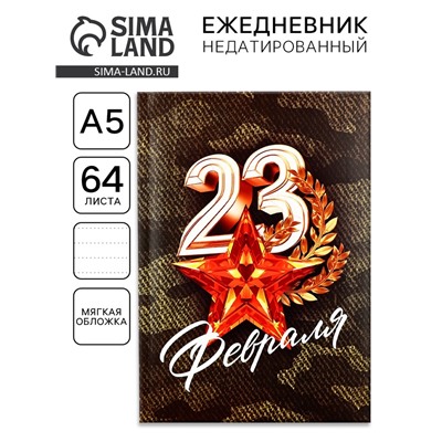 Ежедневник А5, 64 листа, недатированный, в точку А5, 64 л «С 23 февраля.Звезда»
