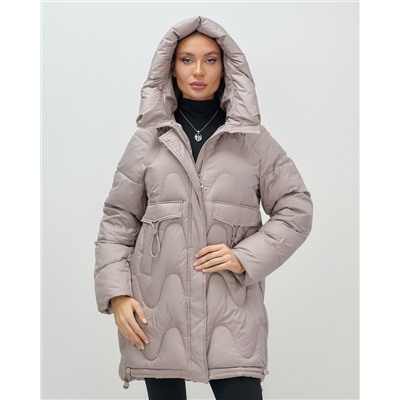 Куртка зимняя женская с капюшоном модная светло-коричневого цвета 7653SK