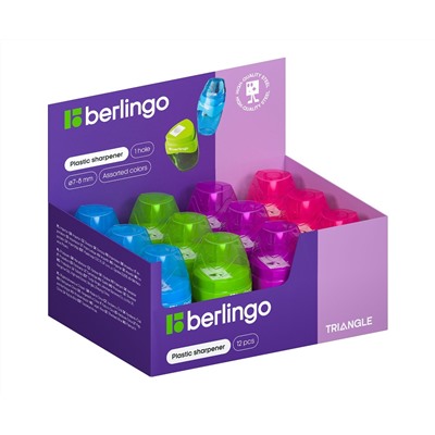 Точилка пластиковая Berlingo "Triangle" 1 отверстие, контейнер, ассорти, дисплей