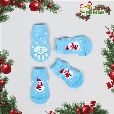 Носки нескользящие для животных «Снеговики», S (2.5/3.5×6 см), набор 4 шт., голубые