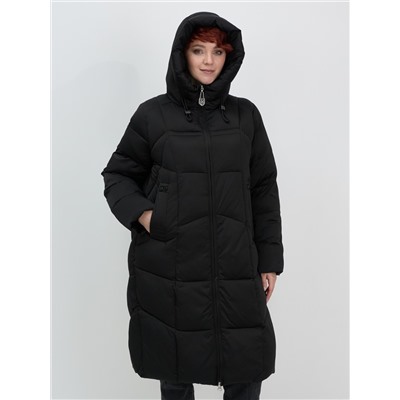 Пальто зимнее утепленное с капюшоном женское черного цвета 7702Ch