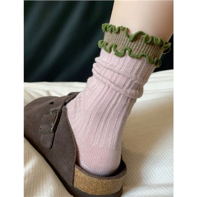 "Cake Series" Contrast Color Wood Earrings Medium Socks Women Ins Dopamine Double Lace Pure Cotton Stack Socks