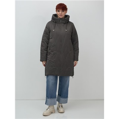 Пальто зимнее утепленное женское большого размера темно-серого цвета 7699TC