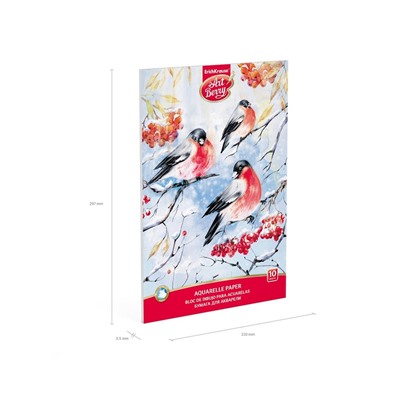 Альбом для акварели А4, 10 листов на клею, ErichKrause ArtBerry «Снегири», блок 180 г/м², экстра белая, твёрдая подложка