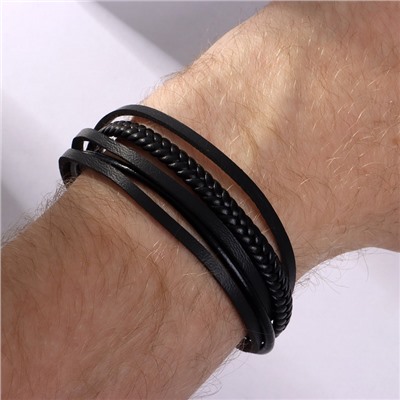 Браслет кожаный «Переплетение» классика, 5 нитей, чёрный с серебром, d=7 см