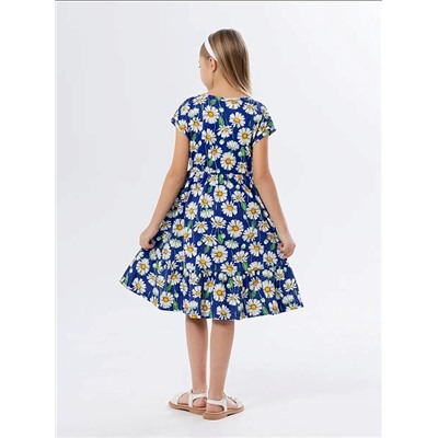 Детское платье "Ласточка" / Крупные ромашки на синем