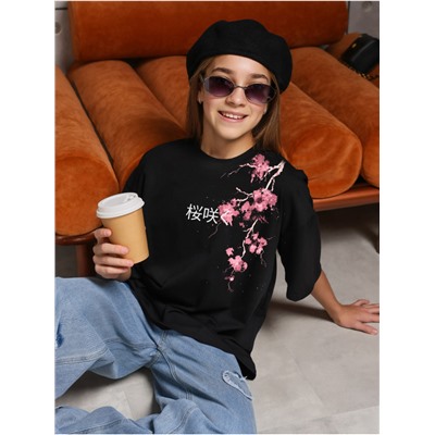 Футболка "Сакура" Черный Девочка