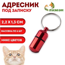 Адресник-капсула под записку, 2,2 х 1,3 см, фасовка 6 шт, микс