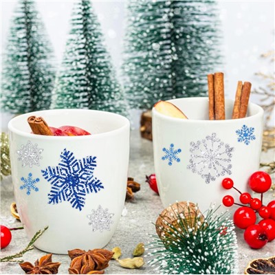 Наклейки СНЕЖИНКИ блестящие с глиттером Универсальные для творчества, Набор 9 листов 14*20 см. 3 цвета